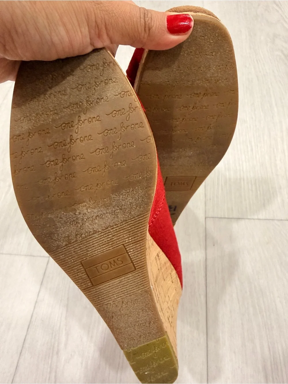 TOMS Red Canvas Cork Wedge Peep Toe Slip On Heels‎ Size 7